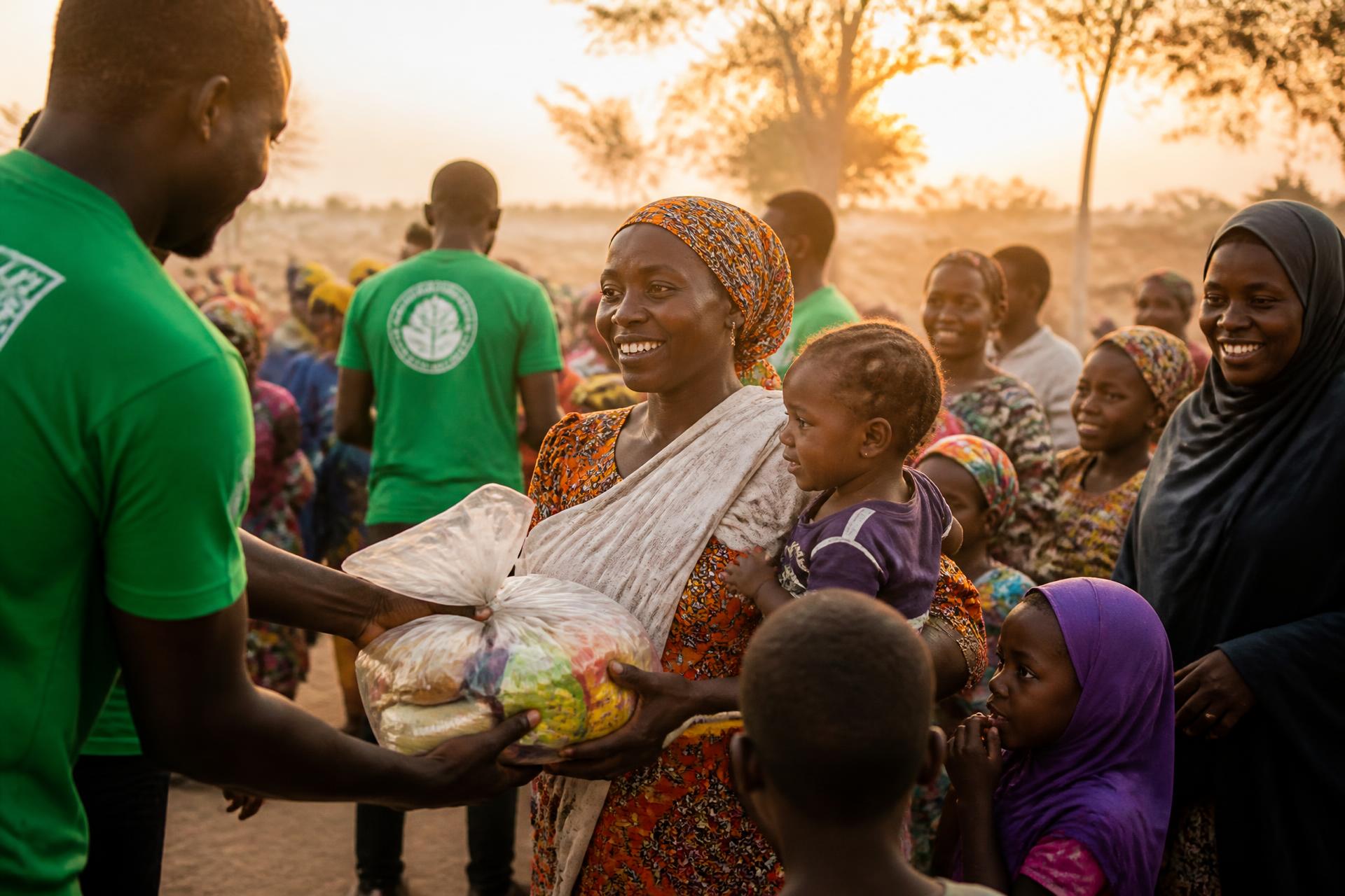 Distribution humanitaire au Sénégal au coucher du soleil
